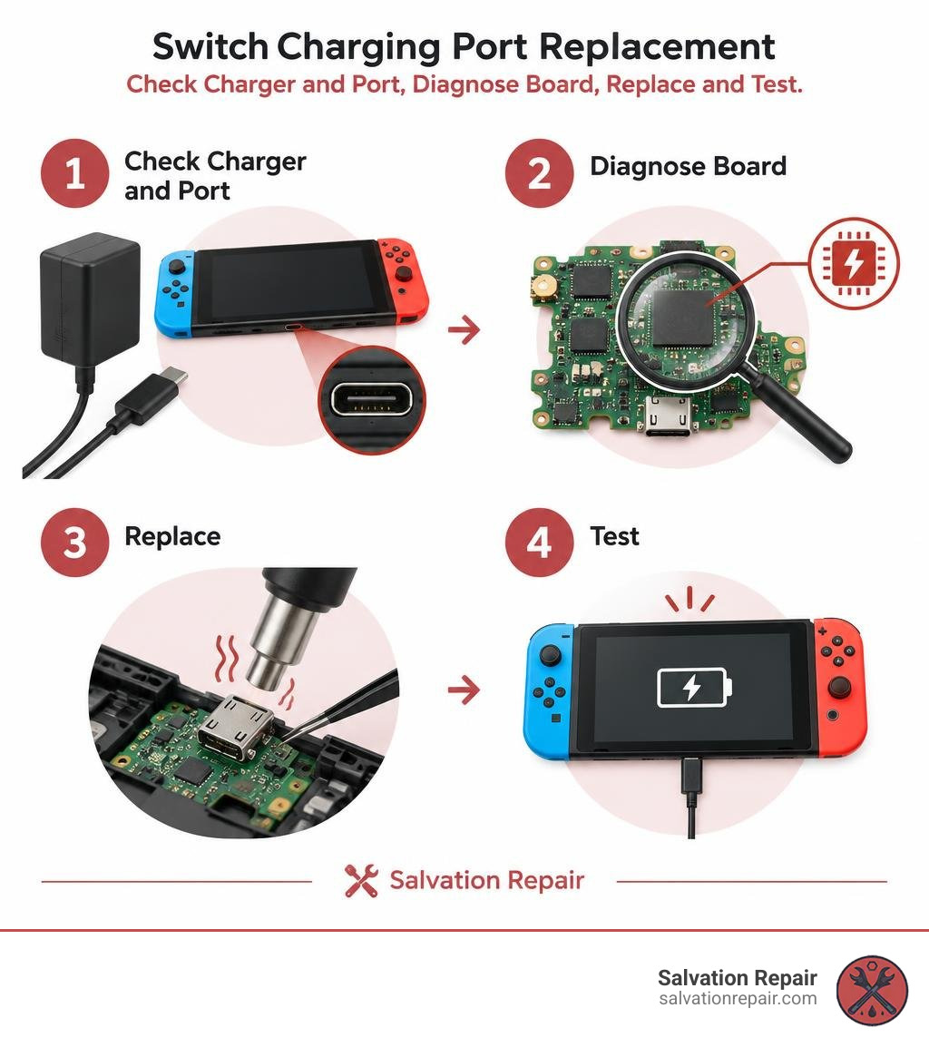 Switch charging port replacement: check charger and port, diagnose board, replace and test infographic Switch charging port replacement: check charger and port, diagnose board, replace and test infographic
