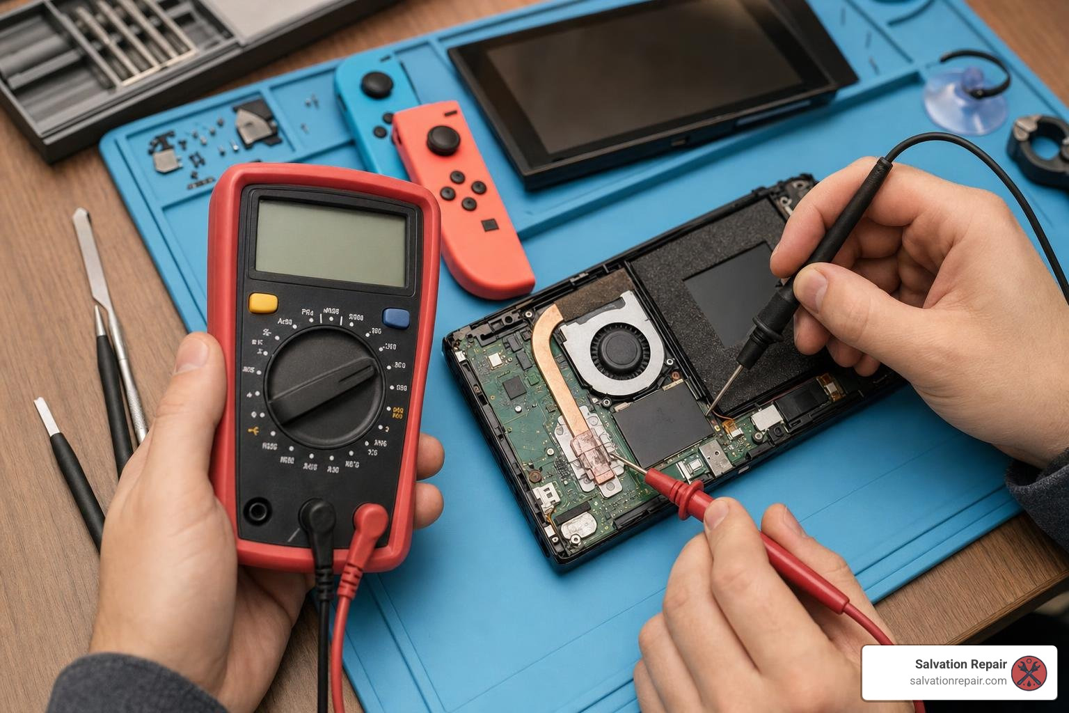 Multimeter testing on Nintendo Switch motherboard Multimeter testing on Nintendo Switch motherboard