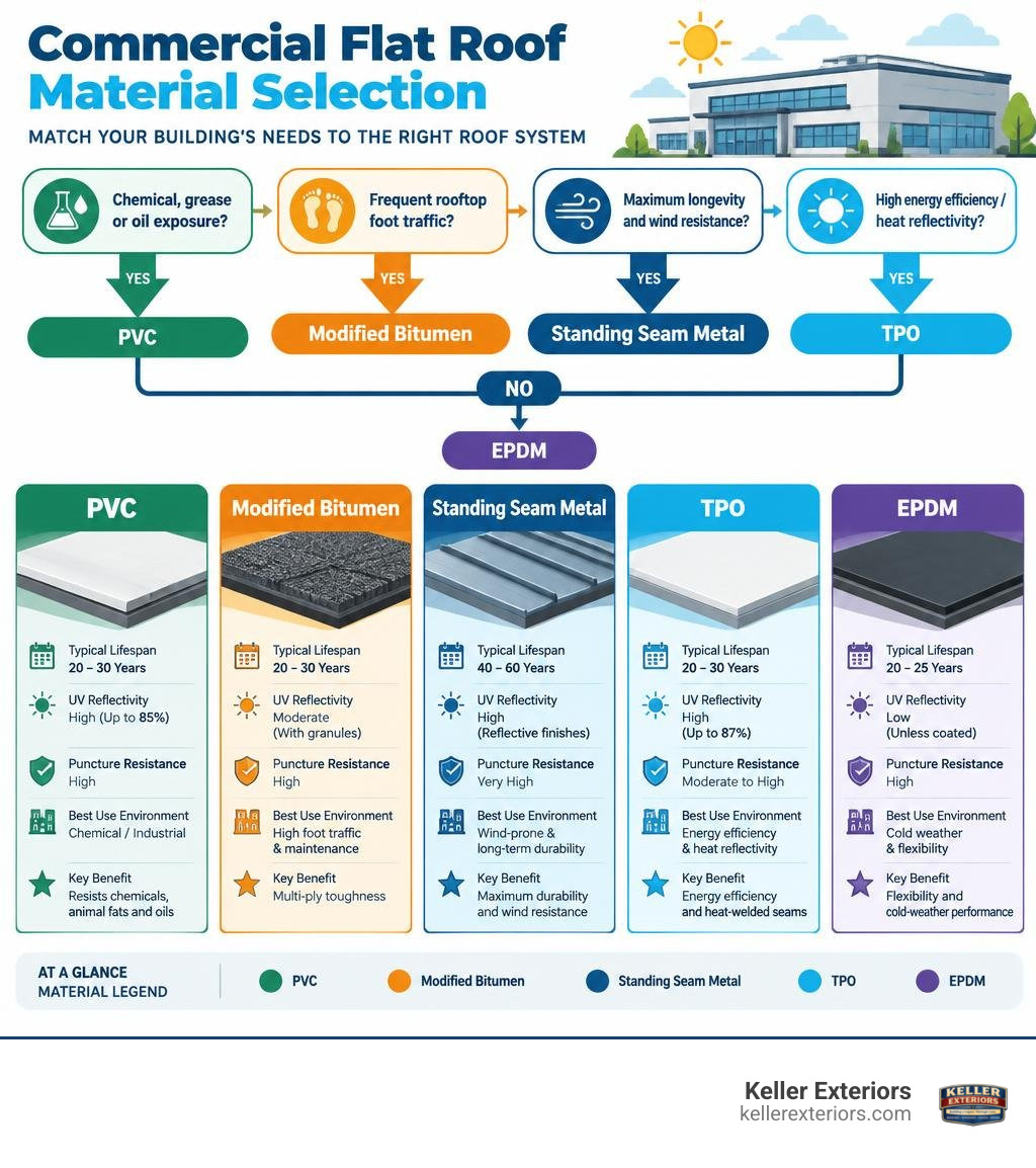 Colorful commercial flat roof material selection infographic comparing PVC, modified bitumen, standing seam metal, TPO, and