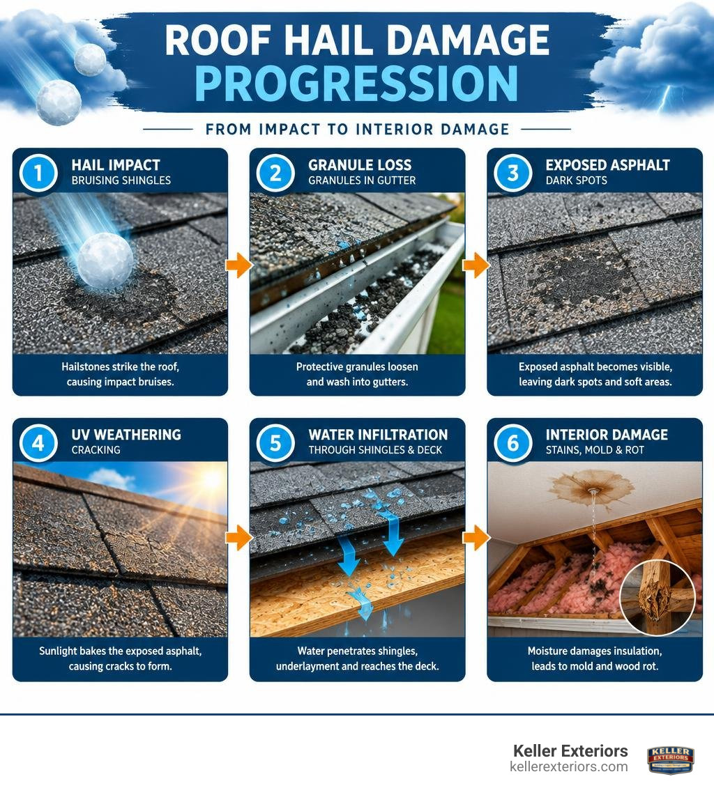 Colorful infographic showing six stages of roof hail damage progression, from hail impact and granule loss to water Colorful infographic showing six stages of roof hail damage progression, from hail impact and granule loss to water