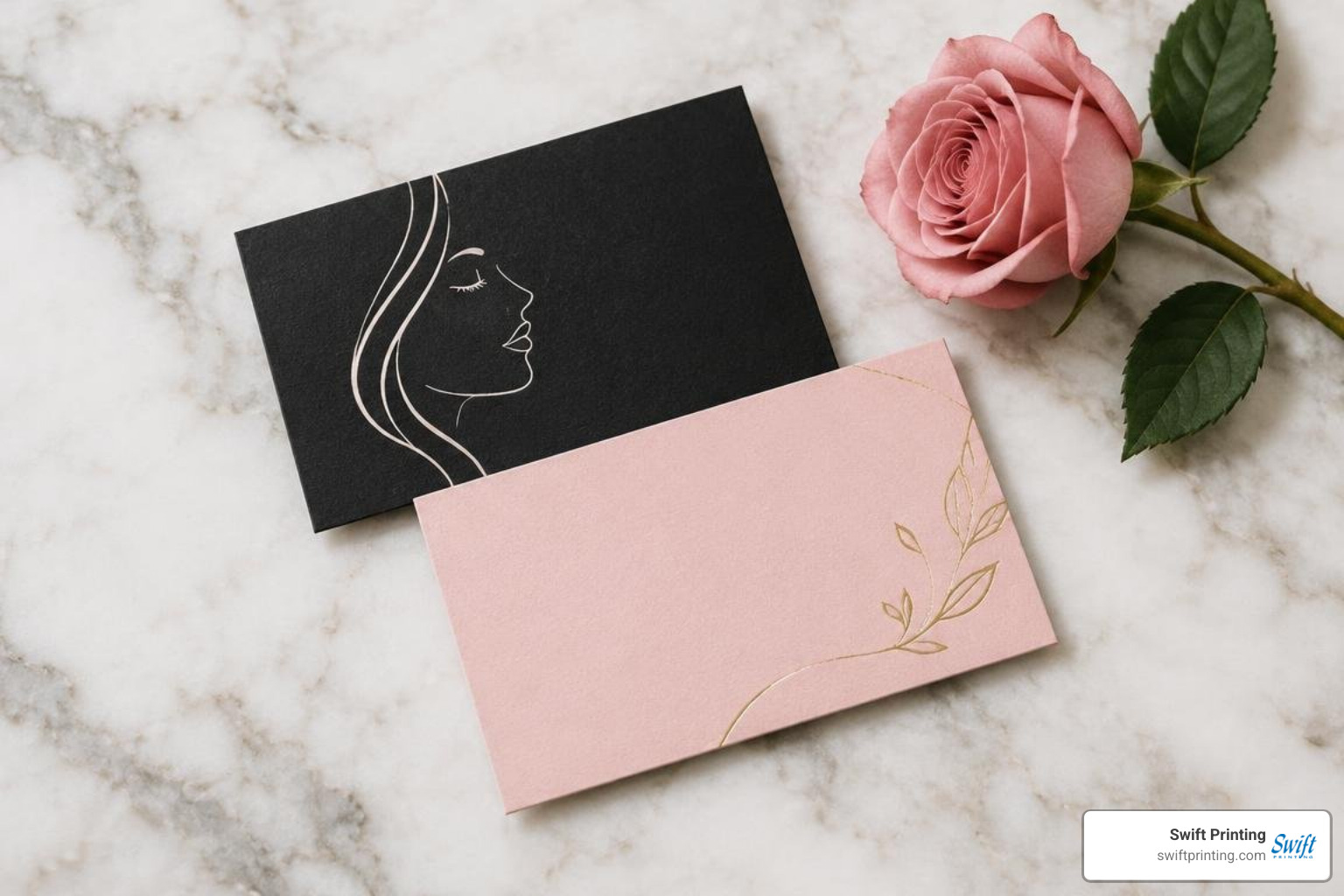 minimalist black and blush salon cards