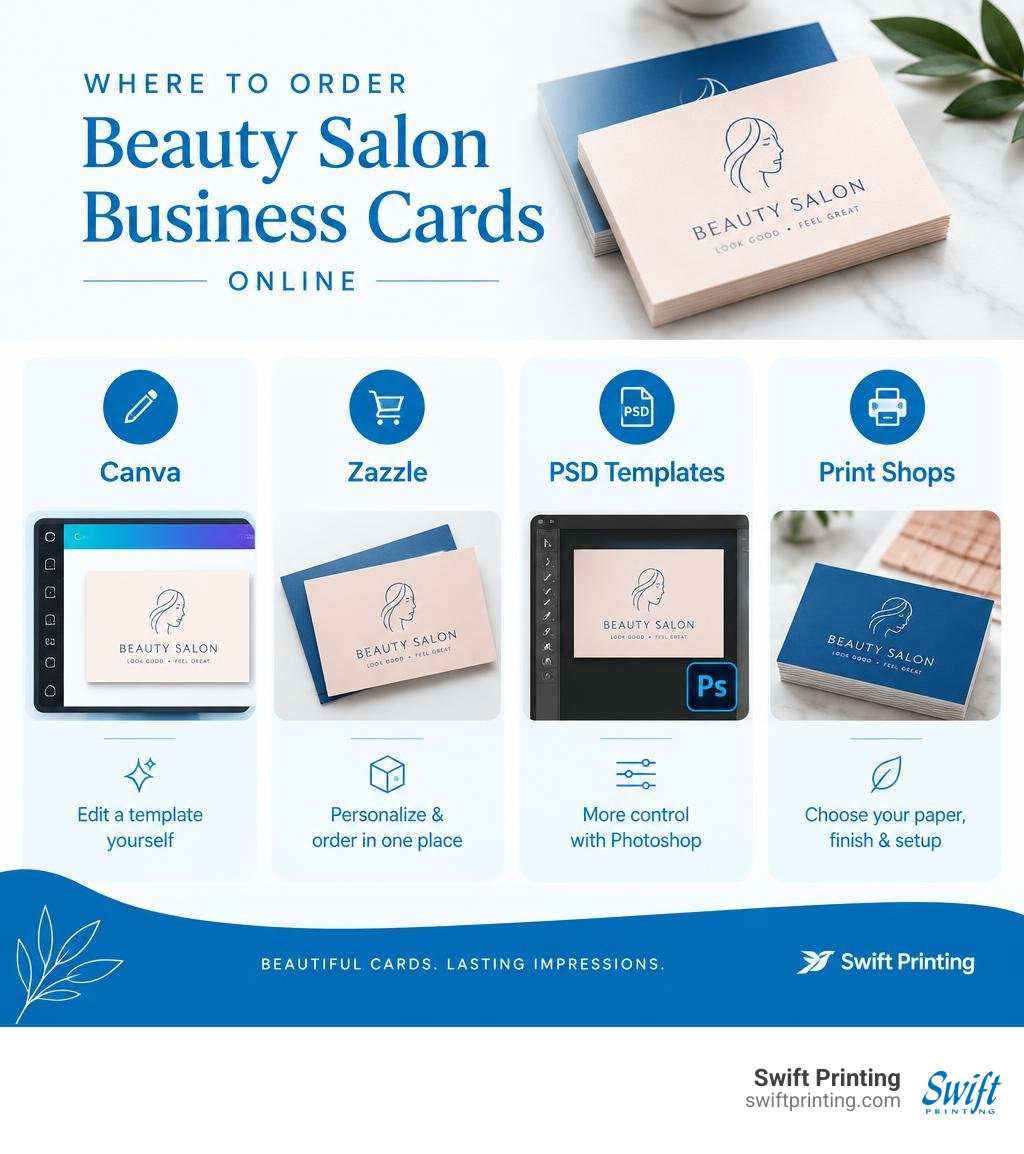 Comparison of design tools, PSD templates, and print shops for ordering beauty salon business cards infographic