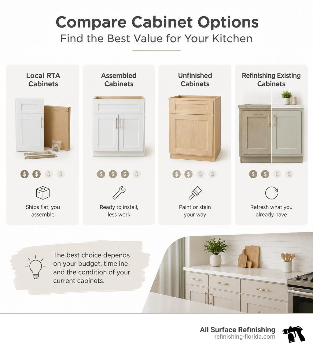 Compare local RTA, assembled, and unfinished cabinet costs with refinishing existing cabinets infographic Compare local RTA, assembled, and unfinished cabinet costs with refinishing existing cabinets infographic