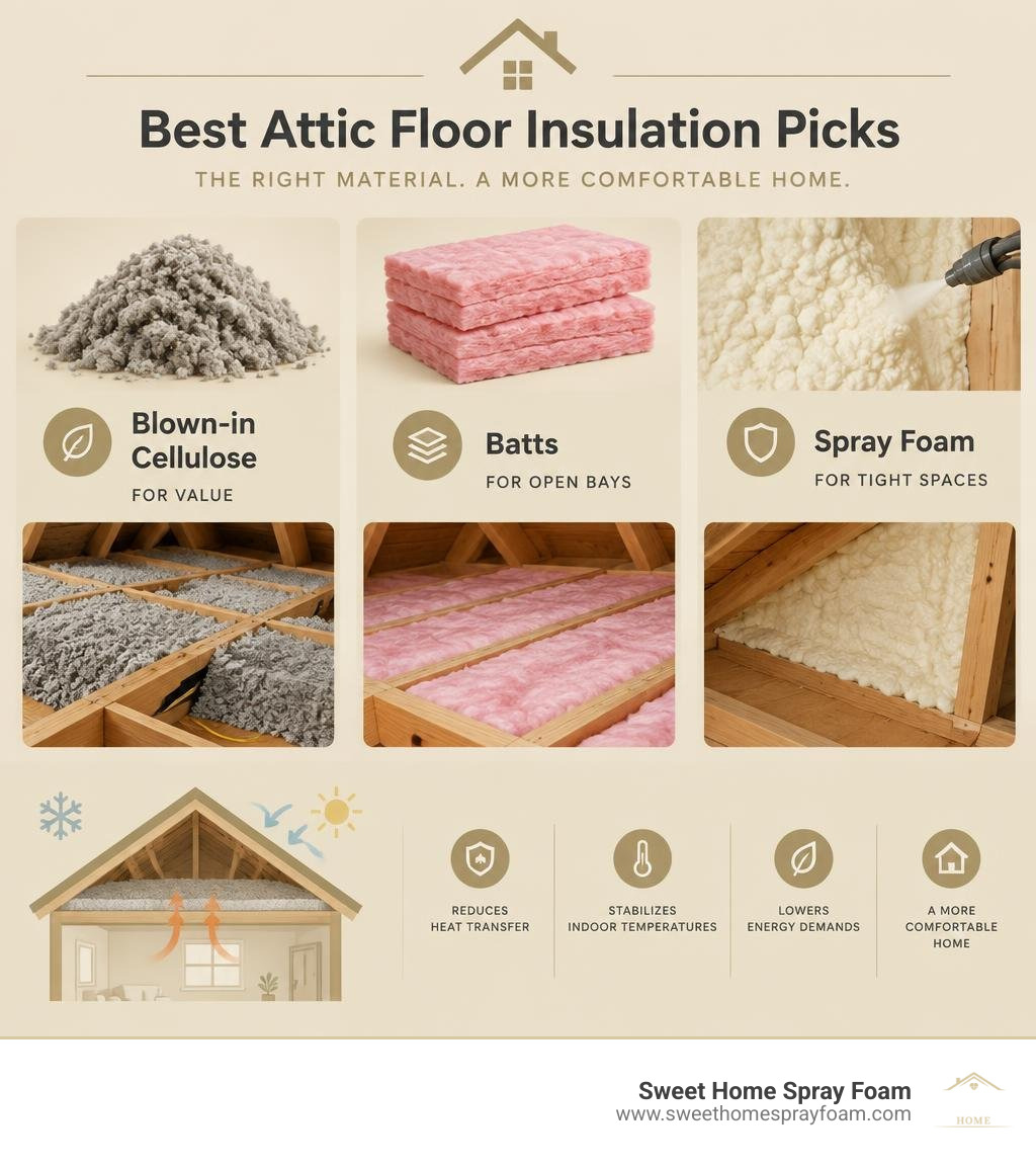 best attic floor insulation picks: blown-in cellulose for value, batts for open bays, spray foam for tight spaces infographic best attic floor insulation picks: blown-in cellulose for value, batts for open bays, spray foam for tight spaces infographic