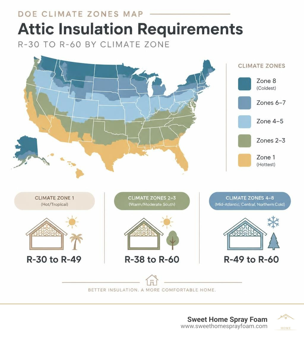 DOE climate zones map showing R-30 to R-60 attic insulation requirements infographic DOE climate zones map showing R-30 to R-60 attic insulation requirements infographic