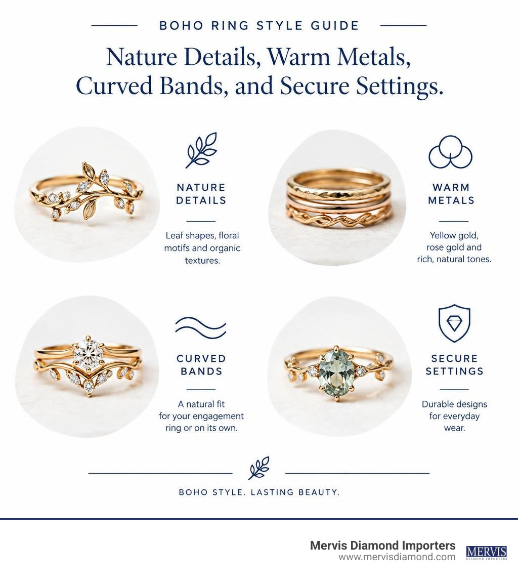 Boho ring style guide: nature details, warm metals, curved bands, and secure settings infographic Boho ring style guide: nature details, warm metals, curved bands, and secure settings infographic