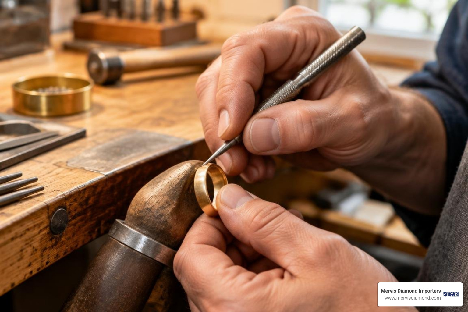 artisan crafting custom gold wedding band with precise tools artisan crafting custom gold wedding band with precise tools
