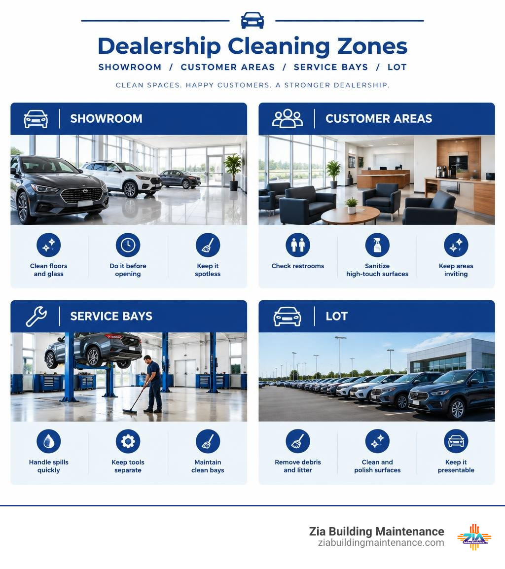 Dealership cleaning zones: showroom, customer areas, service bays, and lot with key daily tasks infographic Dealership cleaning zones: showroom, customer areas, service bays, and lot with key daily tasks infographic