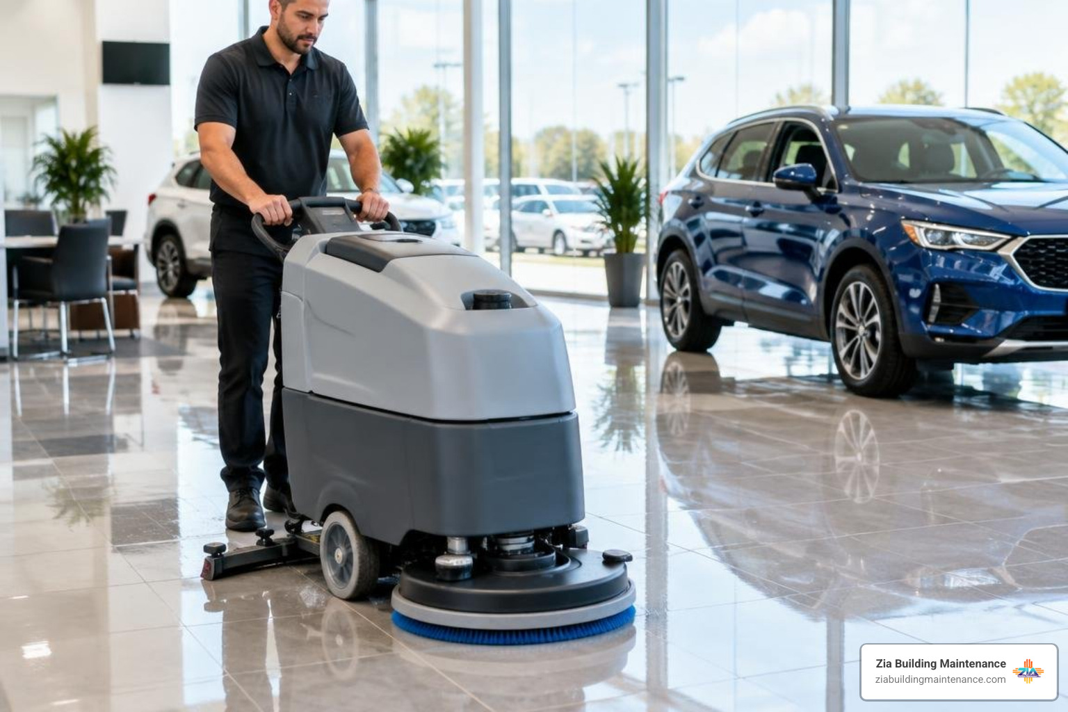commercial floor auto-scrubber cleaning a high-gloss showroom tile floor commercial floor auto-scrubber cleaning a high-gloss showroom tile floor