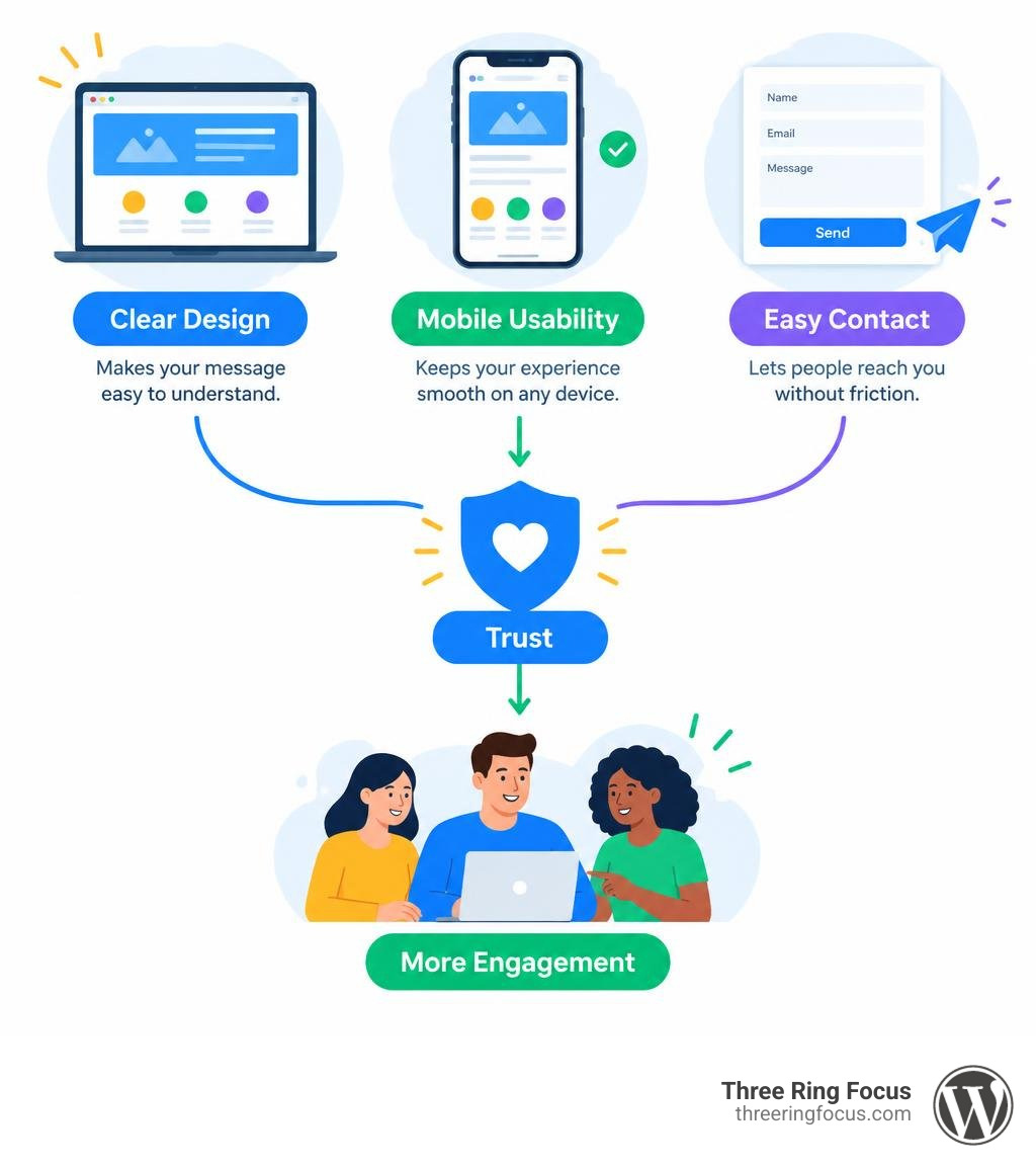 Infographic showing how clear design, mobile usability, and easy contact build trust and engagement infographic Infographic showing how clear design, mobile usability, and easy contact build trust and engagement infographic