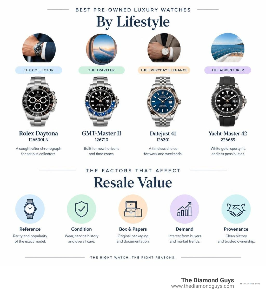Best pre-owned luxury watches by lifestyle and the factors that affect resale value infographic Best pre-owned luxury watches by lifestyle and the factors that affect resale value infographic