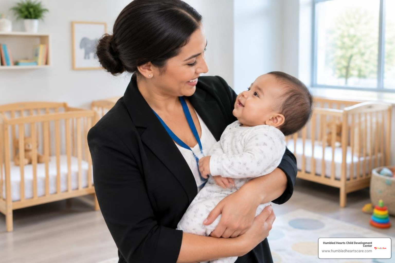 Certified early childhood educator caring for an infant in a licensed nursery setting Certified early childhood educator caring for an infant in a licensed nursery setting