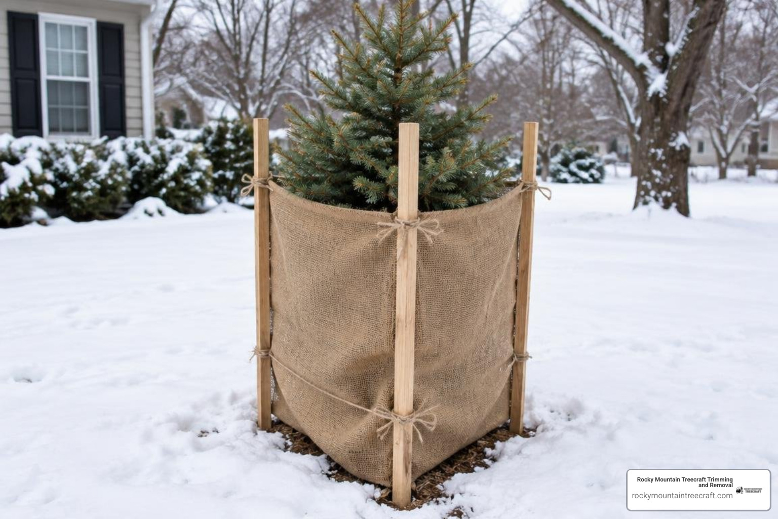 three stake burlap windbreak shield constructed around an evergreen three stake burlap windbreak shield constructed around an evergreen