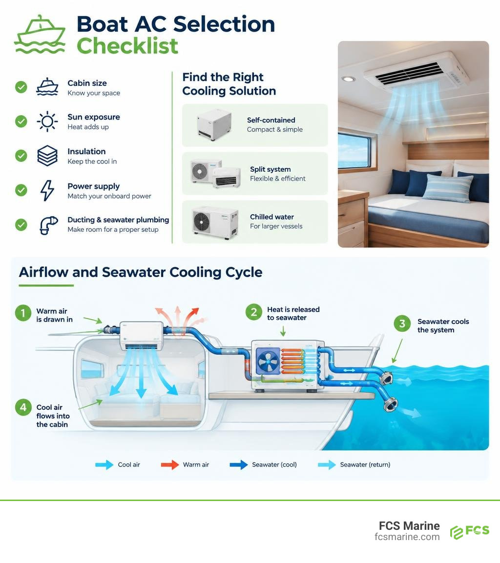 boat AC selection checklist and airflow and seawater cooling cycle infographic