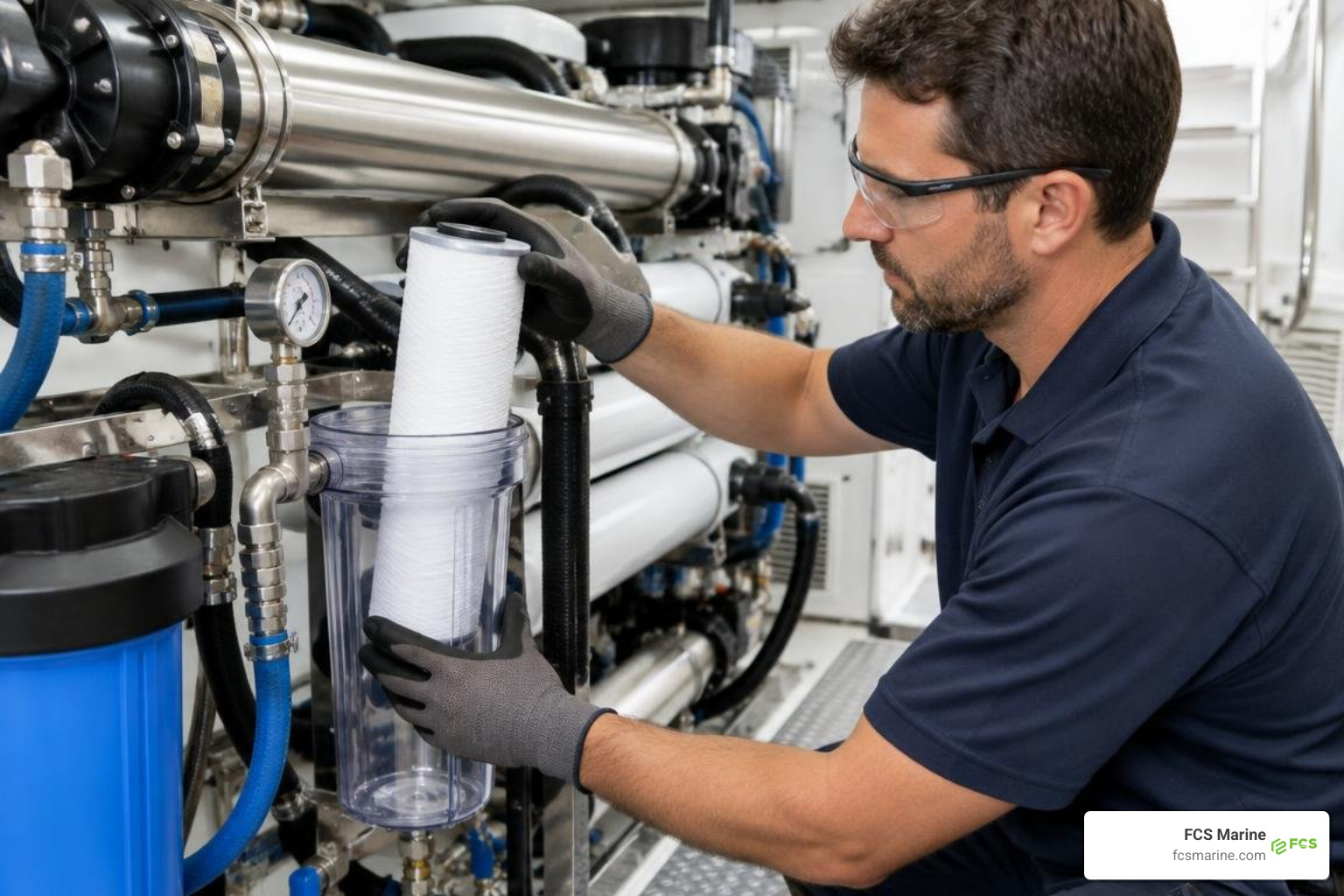 technician replacing 5-micron pre-filter cartridge on vessel