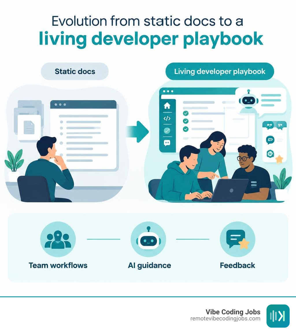 Evolution from static docs to a living developer playbook with team workflows, AI guidance, and feedback infographic