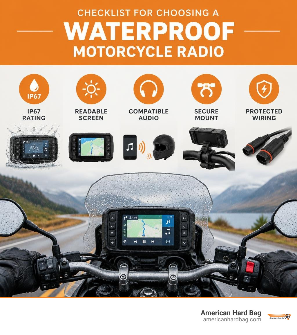 Checklist for choosing a waterproof motorcycle radio: IP67 rating, readable screen, compatible audio, secure mount