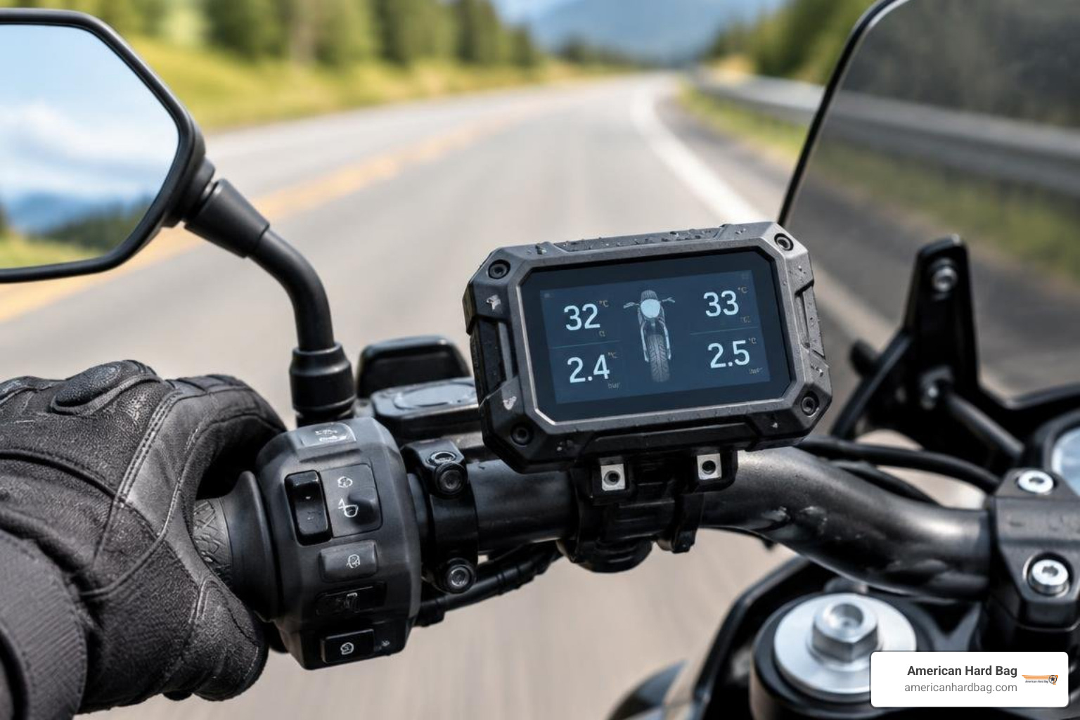 Tire pressure and temperature data displayed on an IP67 motorcycle console
