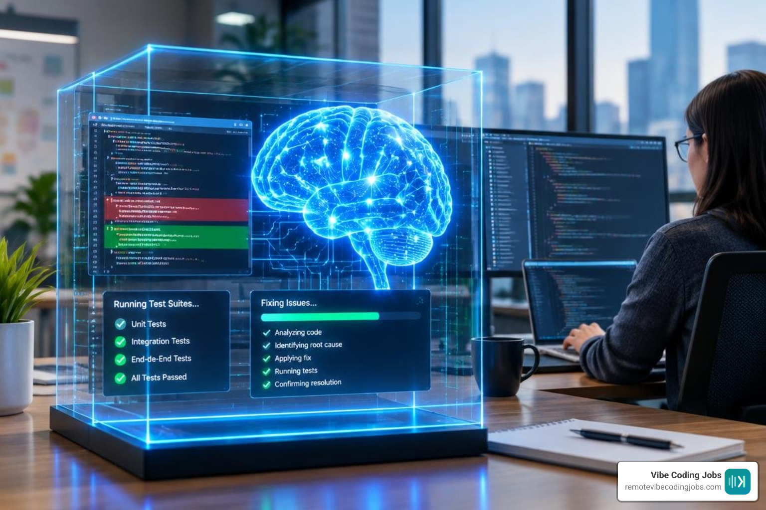 autonomous AI agent executing test suites and fixing bugs inside an isolated virtual machine