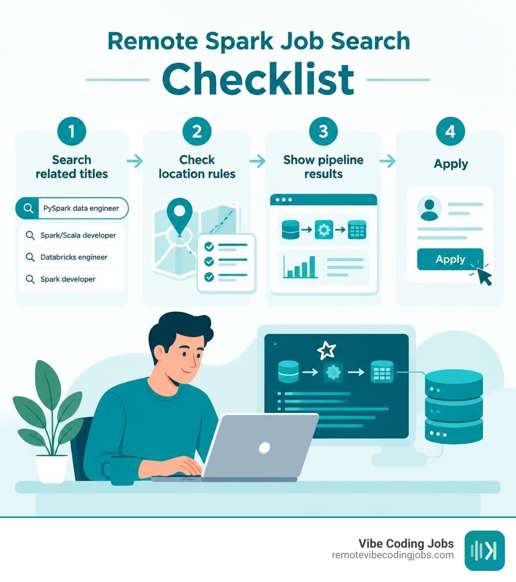 Remote Spark job search checklist: search related titles, check location rules, show pipeline results, apply infographic