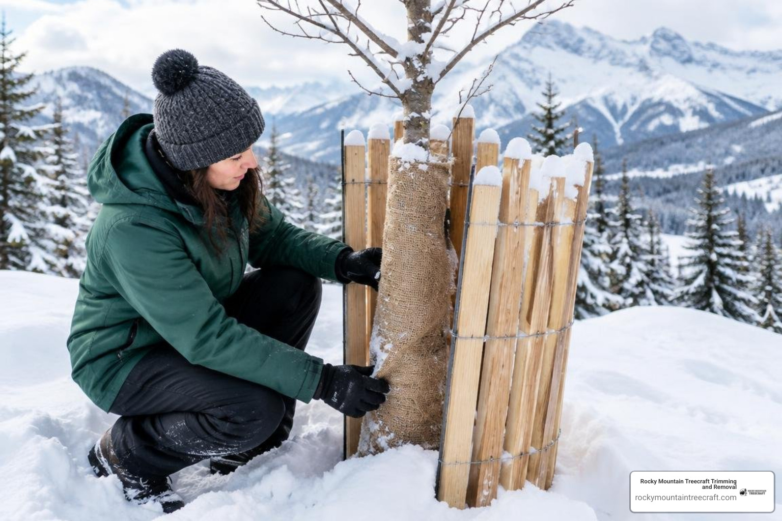 Inspecting burlap tree windbreaks and trunk wraps after a heavy mountain snowfall