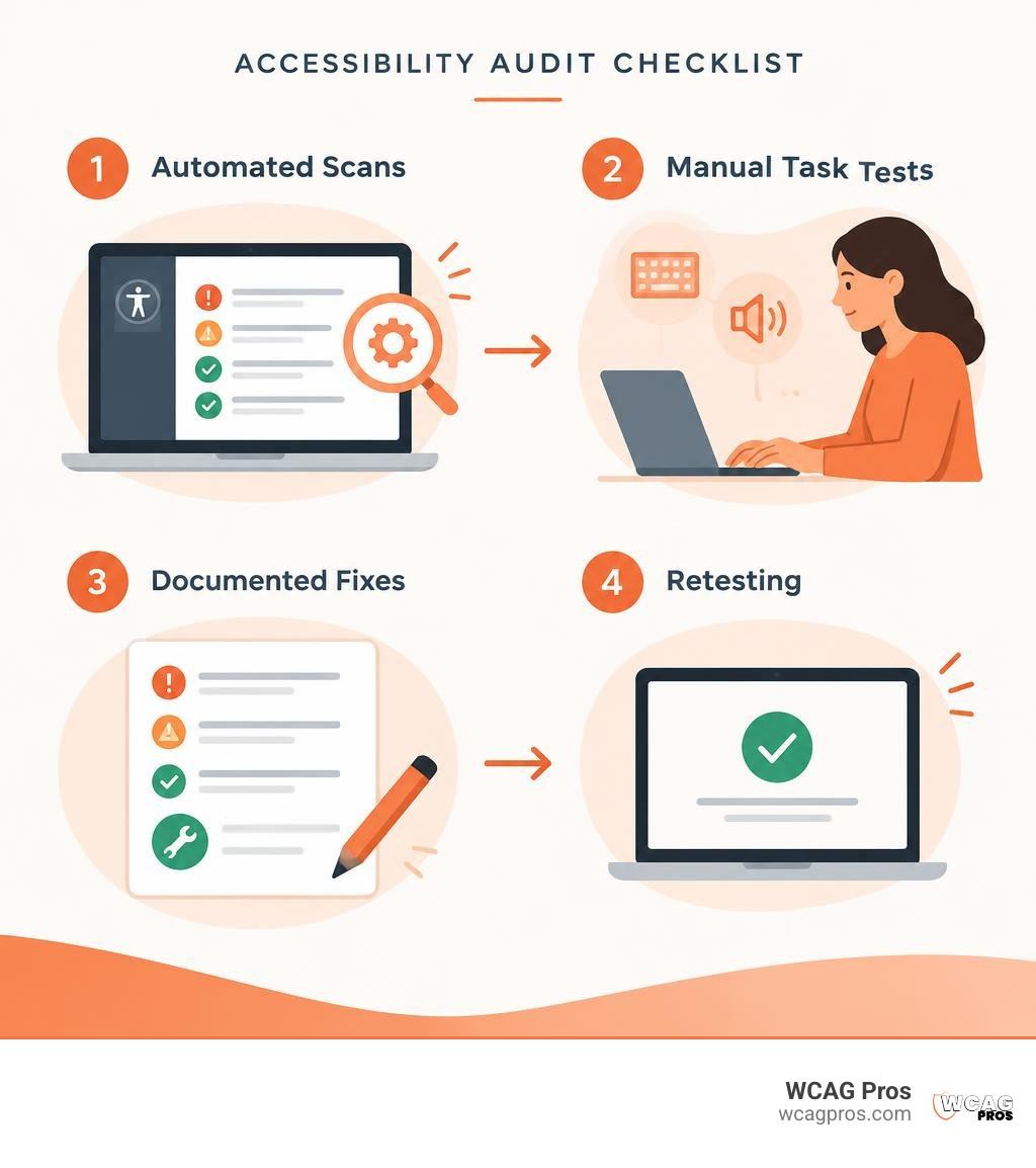 Accessibility audit checklist showing automated scans, manual task tests, documented fixes, and retesting infographic Accessibility audit checklist showing automated scans, manual task tests, documented fixes, and retesting infographic