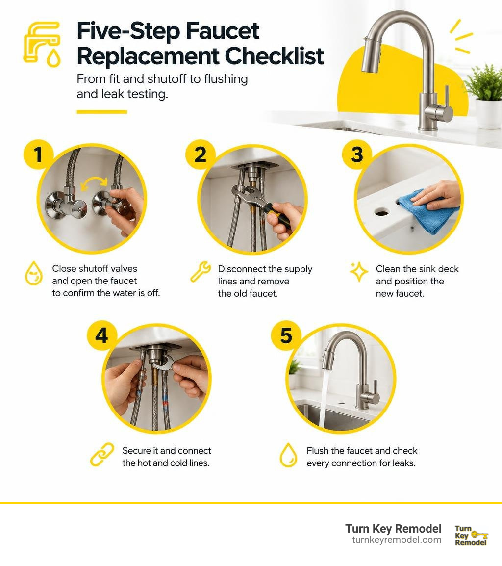 Five-step faucet replacement checklist from fit and shutoff to flushing and leak testing infographic Five-step faucet replacement checklist from fit and shutoff to flushing and leak testing infographic