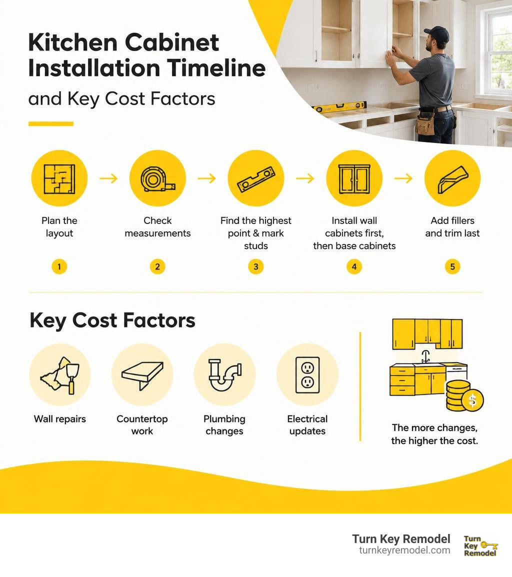 Kitchen cabinet installation timeline and key cost factors infographic Kitchen cabinet installation timeline and key cost factors infographic