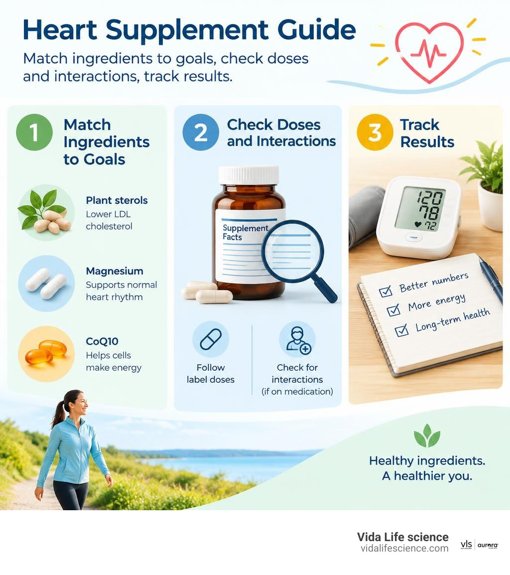 Heart supplement guide: match ingredients to goals, check doses and interactions, track results infographic Heart supplement guide: match ingredients to goals, check doses and interactions, track results infographic