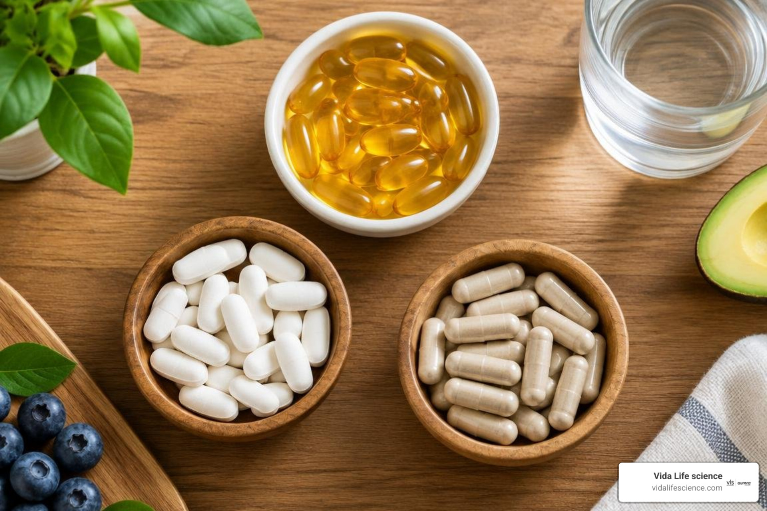 assorted heart healthy vitamins and minerals on wooden table assorted heart healthy vitamins and minerals on wooden table