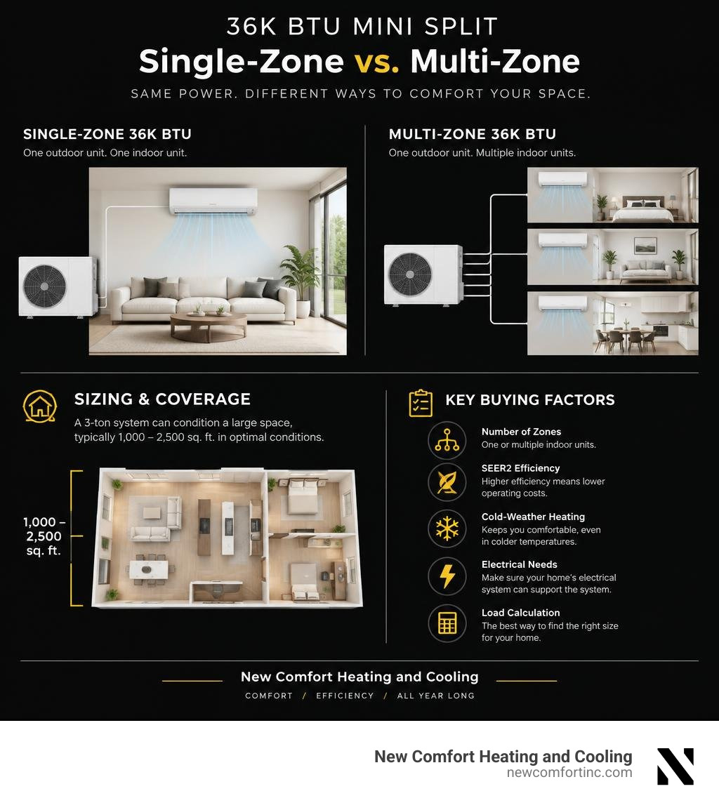 Comparison of single-zone and multi-zone 36K BTU mini splits, sizing, and key buying factors infographic Comparison of single-zone and multi-zone 36K BTU mini splits, sizing, and key buying factors infographic