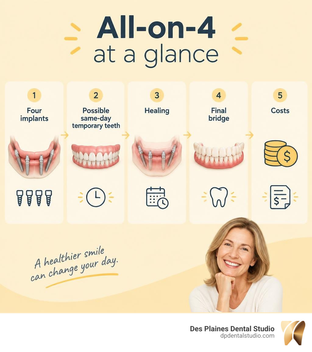 All-on-4 at a glance: four implants, possible same-day temporary teeth, healing, final bridge, and costs infographic