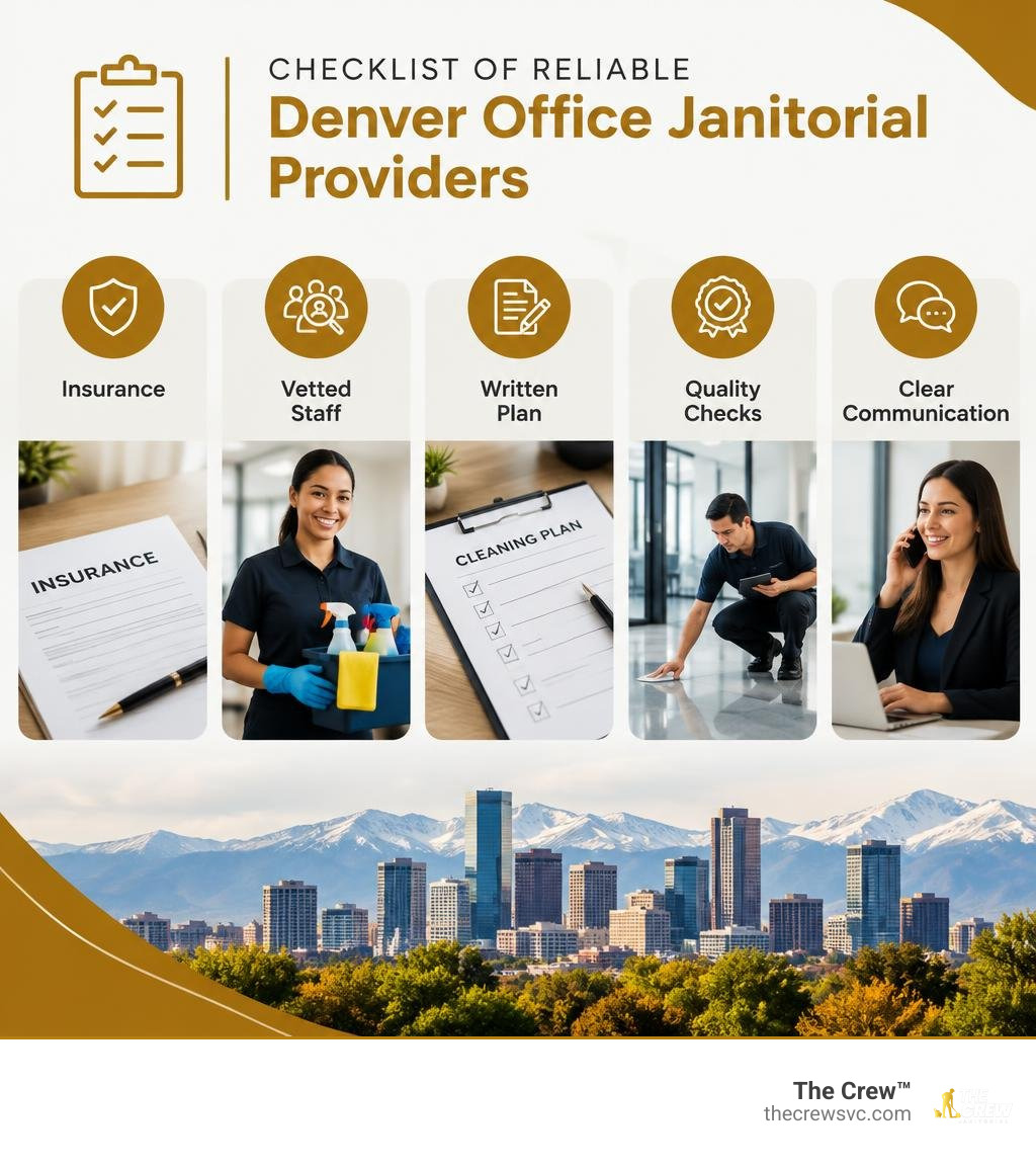 Checklist of reliable Denver office janitorial providers: insurance, vetted staff, written plan, quality checks, and clear Checklist of reliable Denver office janitorial providers: insurance, vetted staff, written plan, quality checks, and clear