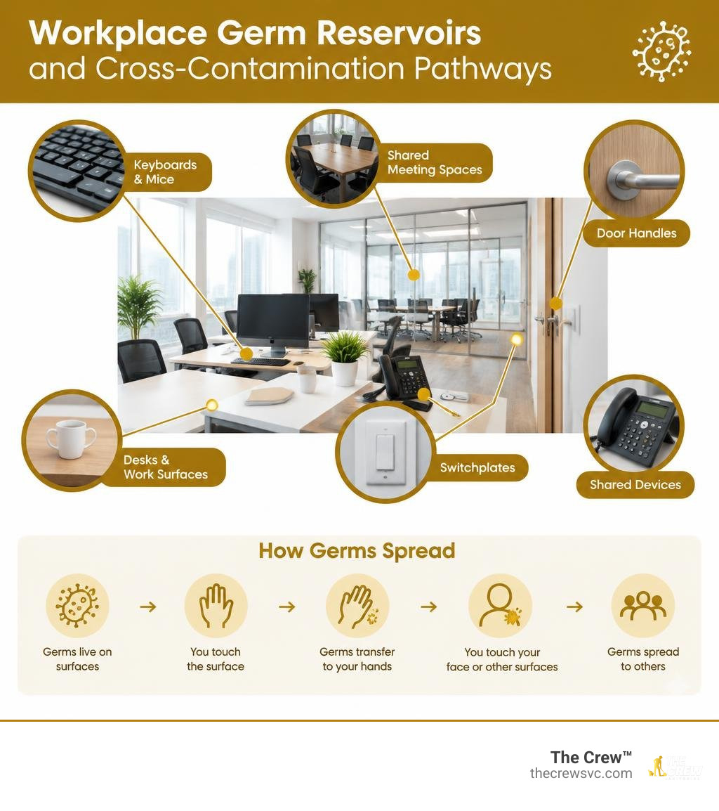 infographic showing primary workplace germ reservoirs and cross-contamination pathways infographic infographic showing primary workplace germ reservoirs and cross-contamination pathways infographic