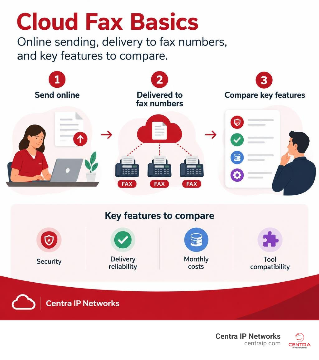 Cloud fax basics: online sending, delivery to fax numbers, and key features to compare infographic Cloud fax basics: online sending, delivery to fax numbers, and key features to compare infographic