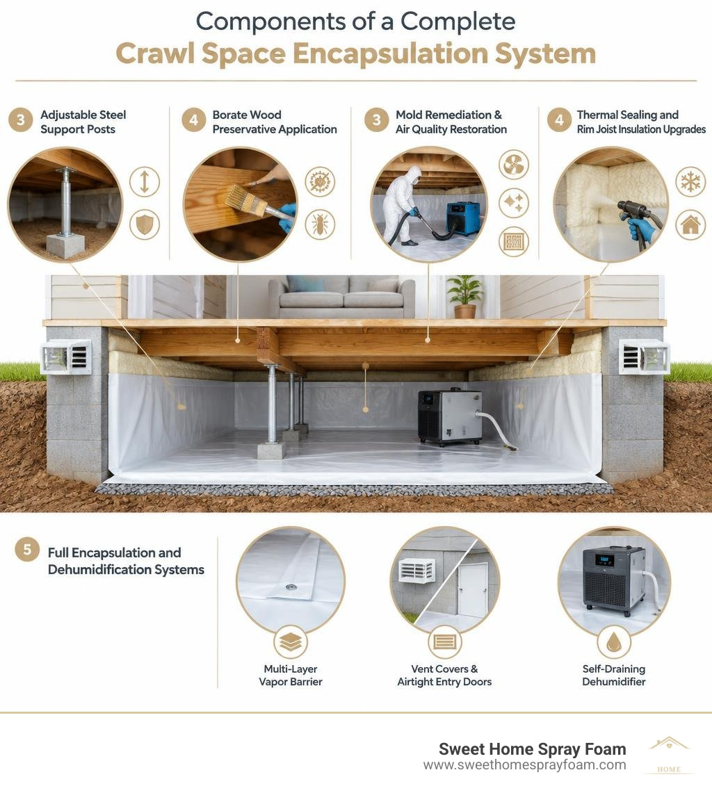 Components of a complete crawl space encapsulation system infographic Components of a complete crawl space encapsulation system infographic