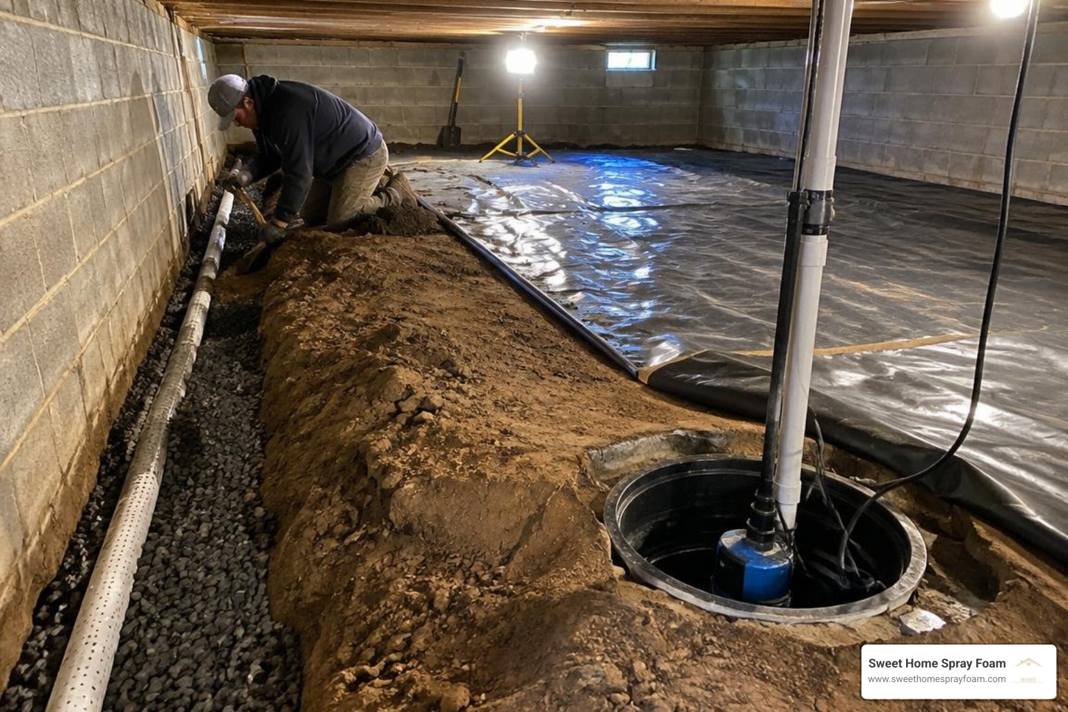 Interior perimeter French drain trench and sump pump installation Interior perimeter French drain trench and sump pump installation