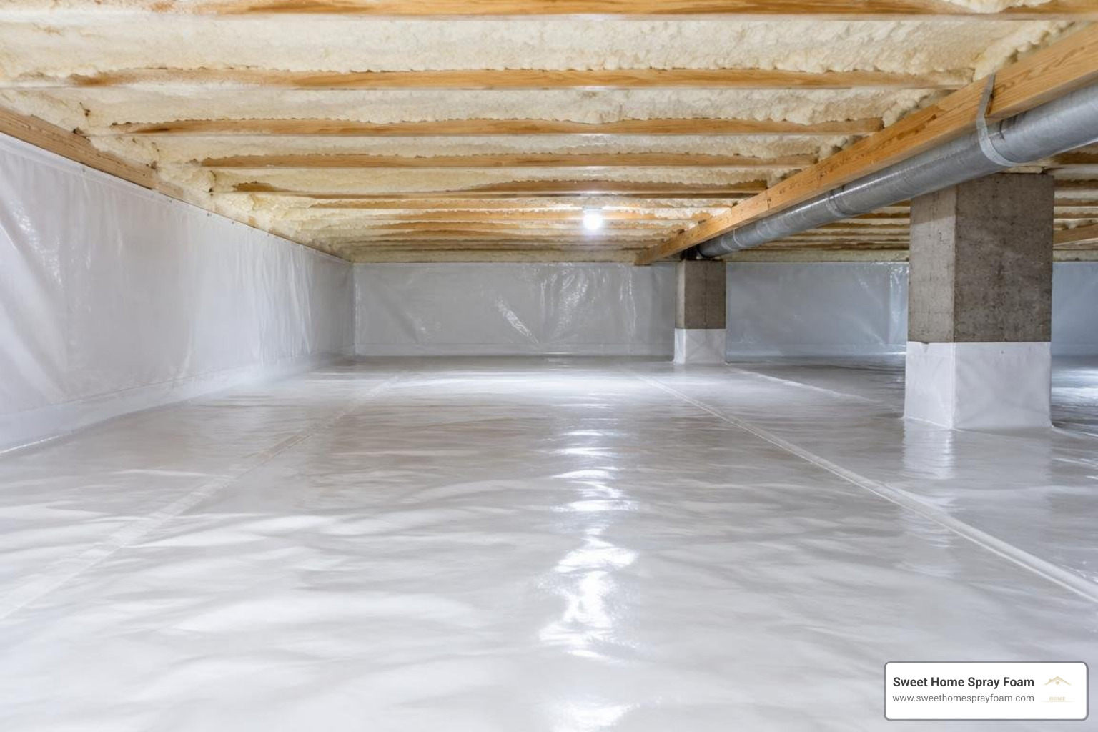 Restored crawl space with clean white vapor barrier and sealed rim joists Restored crawl space with clean white vapor barrier and sealed rim joists