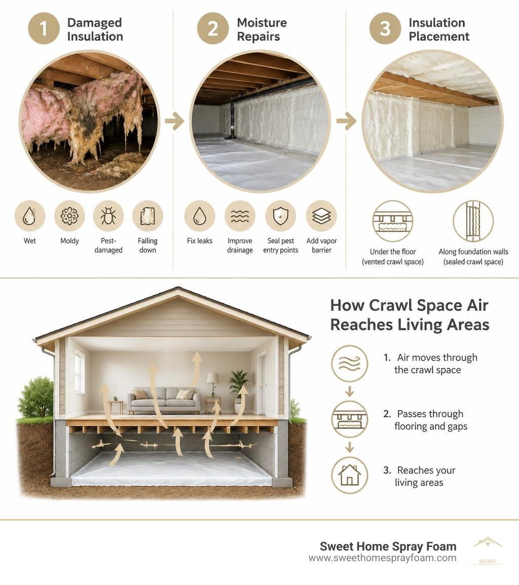 Infographic showing damaged insulation, moisture repairs, and how crawl space air reaches living areas infographic Infographic showing damaged insulation, moisture repairs, and how crawl space air reaches living areas infographic