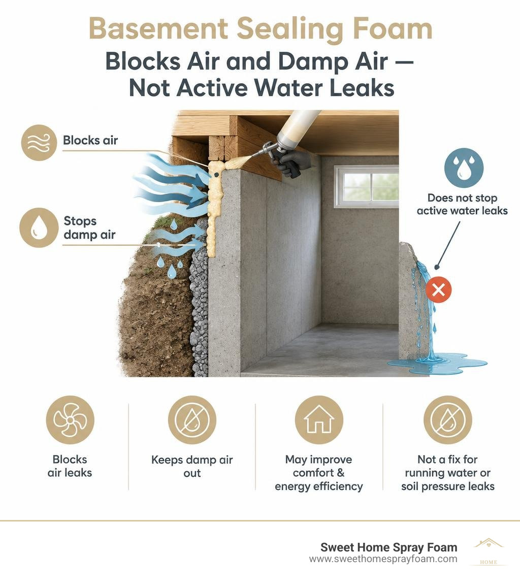 Infographic showing how foam blocks air and damp air at basement gaps but not active water leaks infographic Infographic showing how foam blocks air and damp air at basement gaps but not active water leaks infographic
