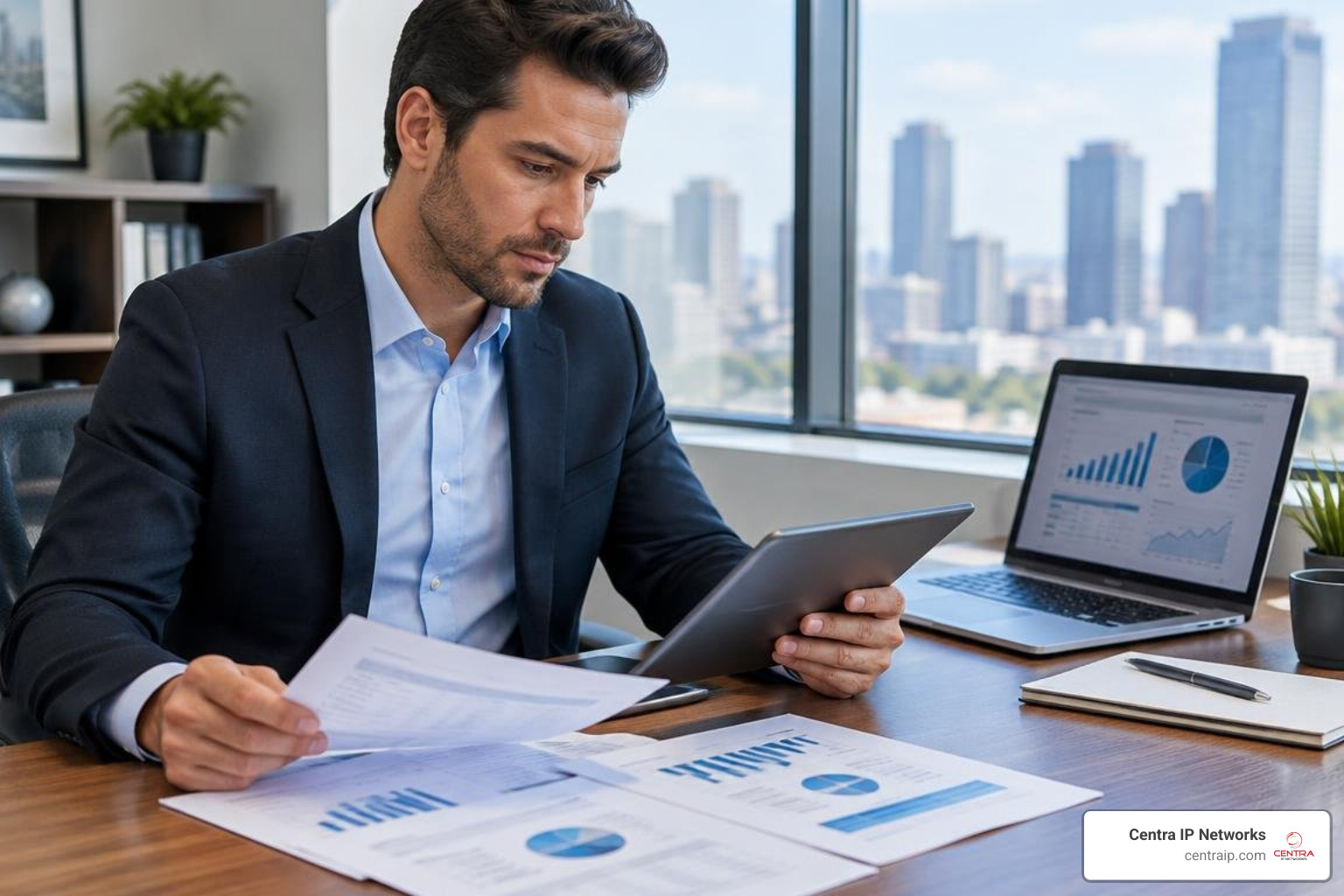 Business executive analyzing IT support proposals and predictable budget forecasts Business executive analyzing IT support proposals and predictable budget forecasts