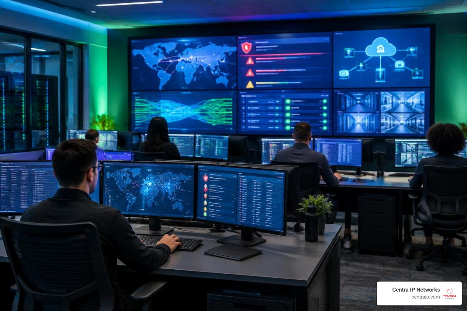 Central network operations center dashboard displaying real-time security alerts and cloud infrastructure Central network operations center dashboard displaying real-time security alerts and cloud infrastructure