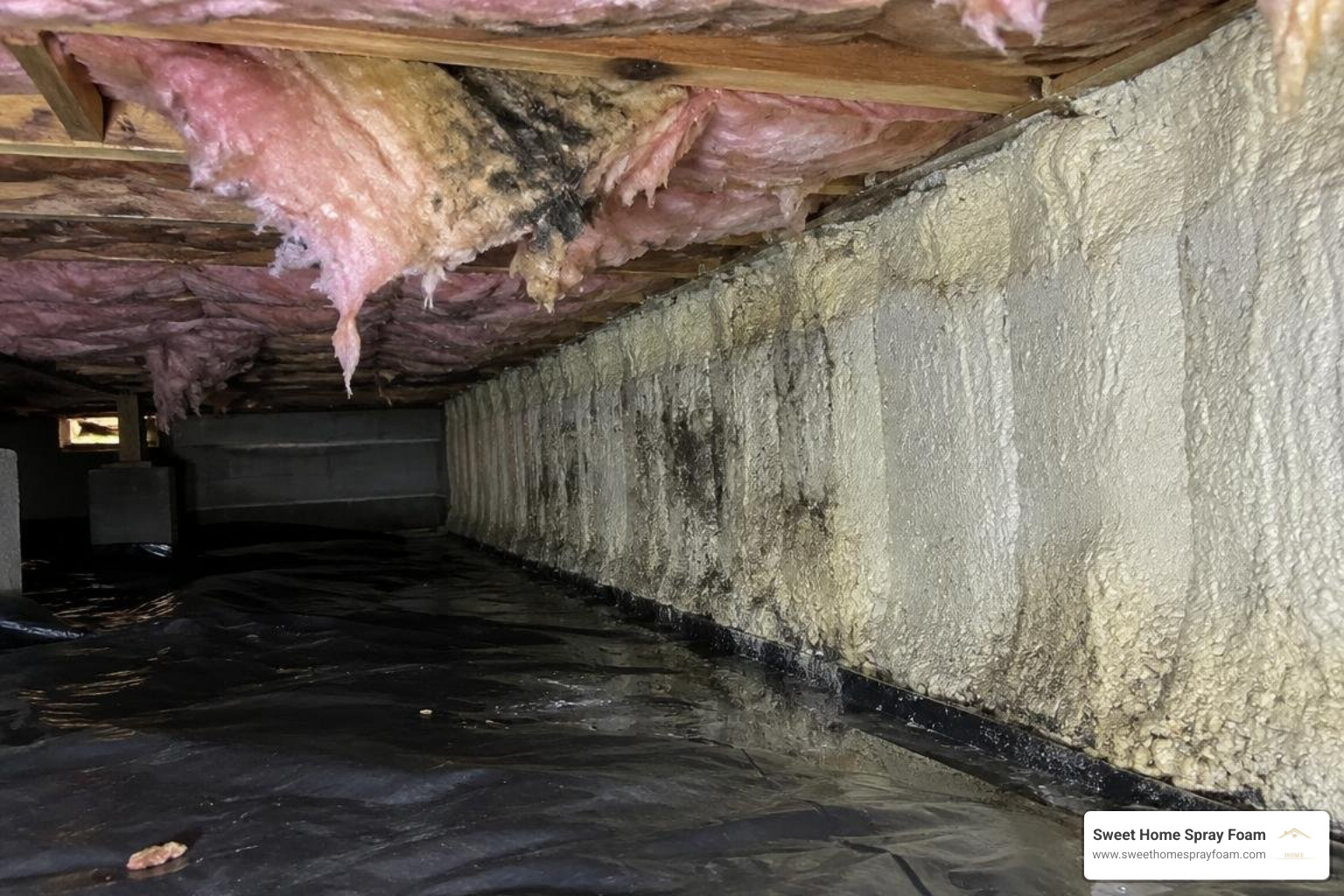 Photorealistic damp crawl space with damaged insulation and spray foam on a foundation wall Photorealistic damp crawl space with damaged insulation and spray foam on a foundation wall