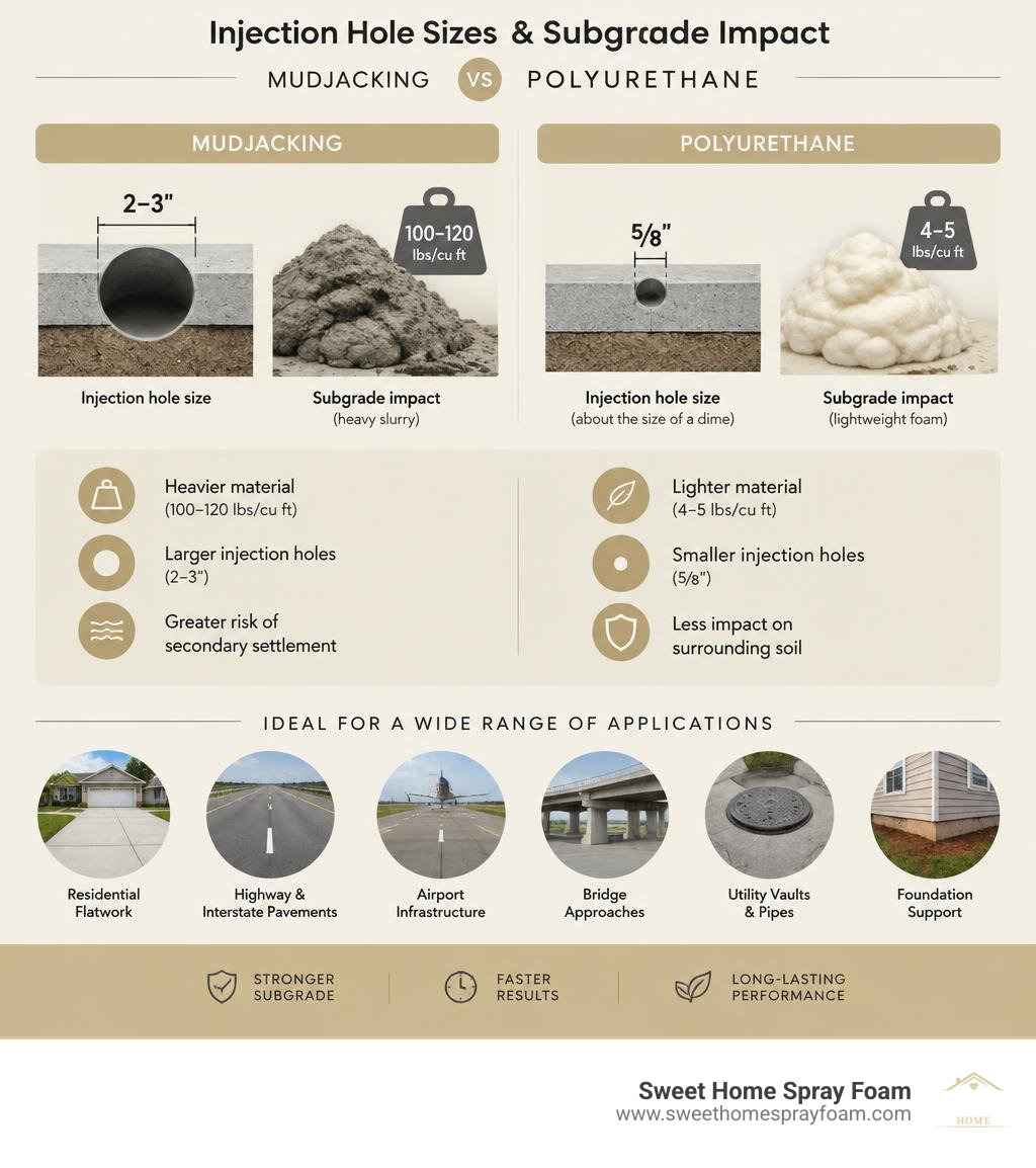 Comparison of injection hole sizes and subgrade impact between mudjacking and polyurethane infographic