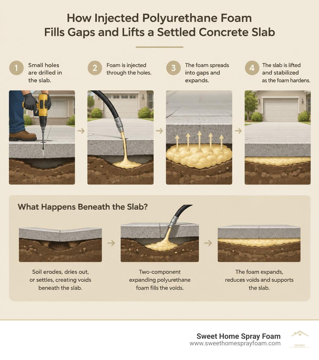 How injected polyurethane foam fills gaps and lifts a settled concrete slab infographic