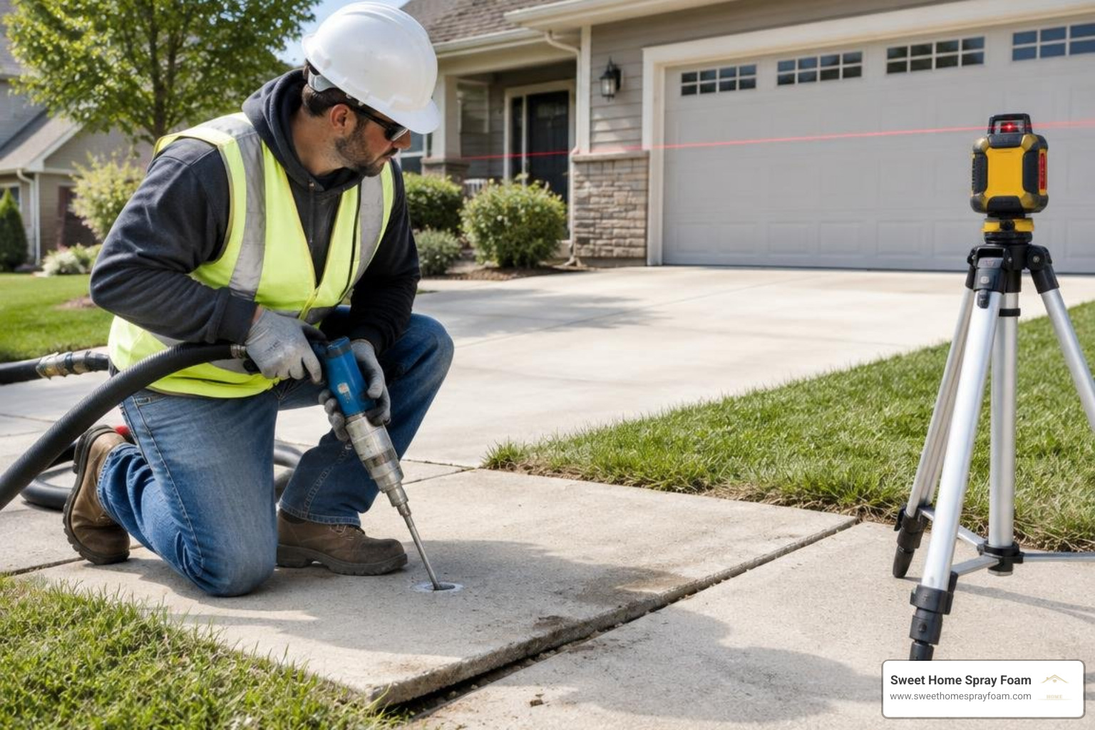 A certified technician monitoring slab lift using a precision laser level and injection gun