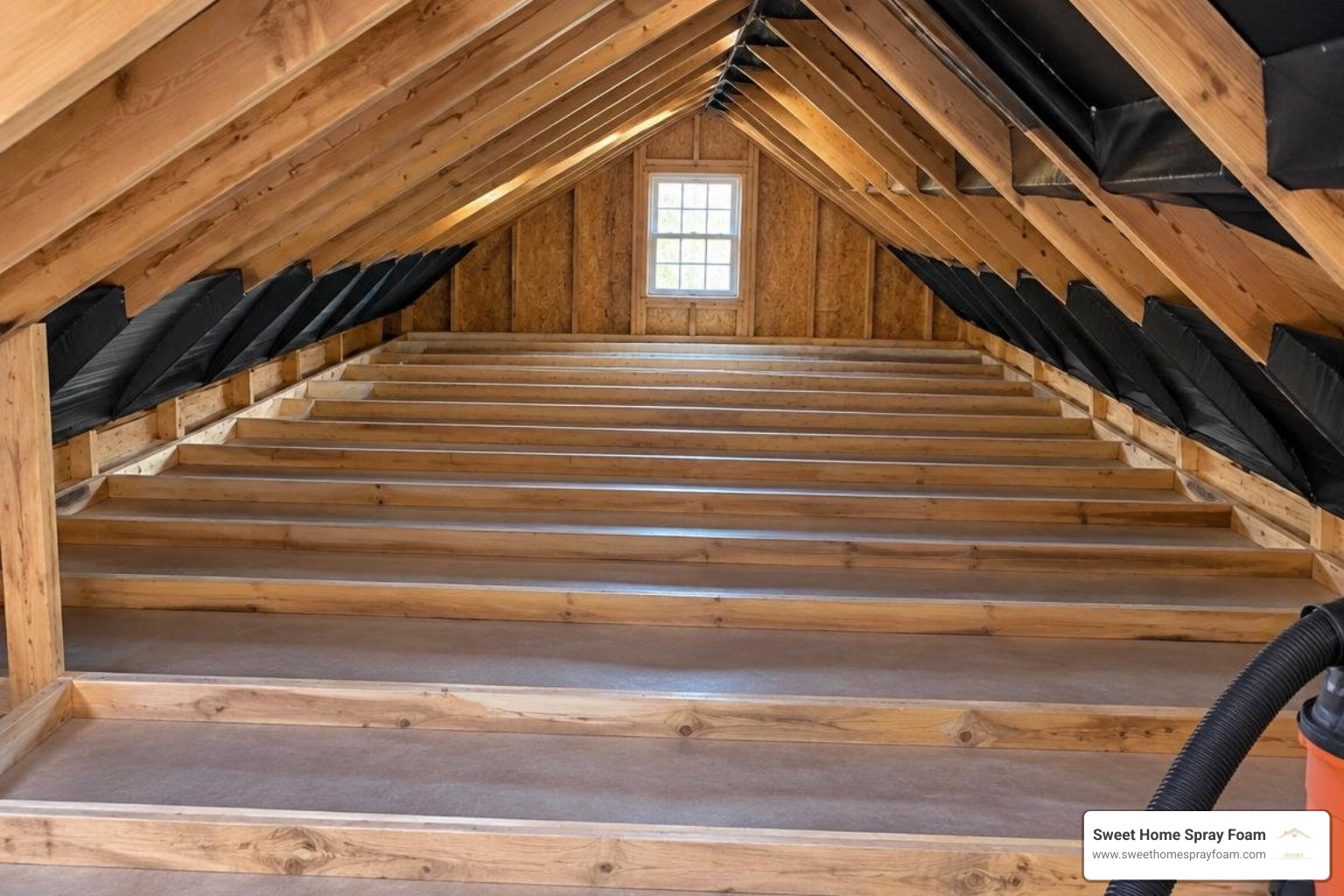 Attic floor prep showing vacuumed joist bays and installed soffit ventilation baffles