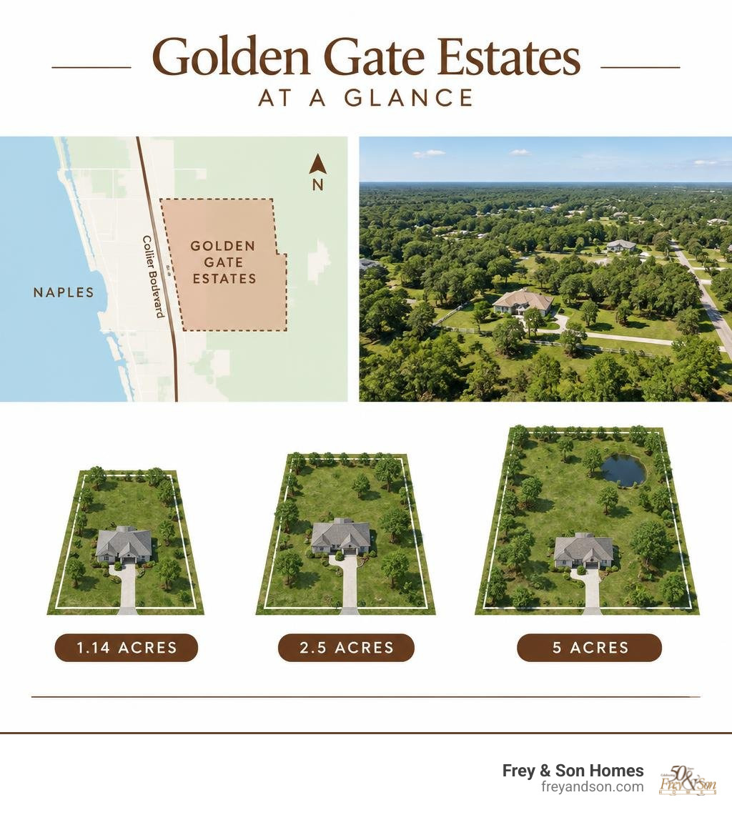 Golden Gate Estates location east of Collier Boulevard and common 1.14, 2.5, and 5-acre lots infographic Golden Gate Estates location east of Collier Boulevard and common 1.14, 2.5, and 5-acre lots infographic