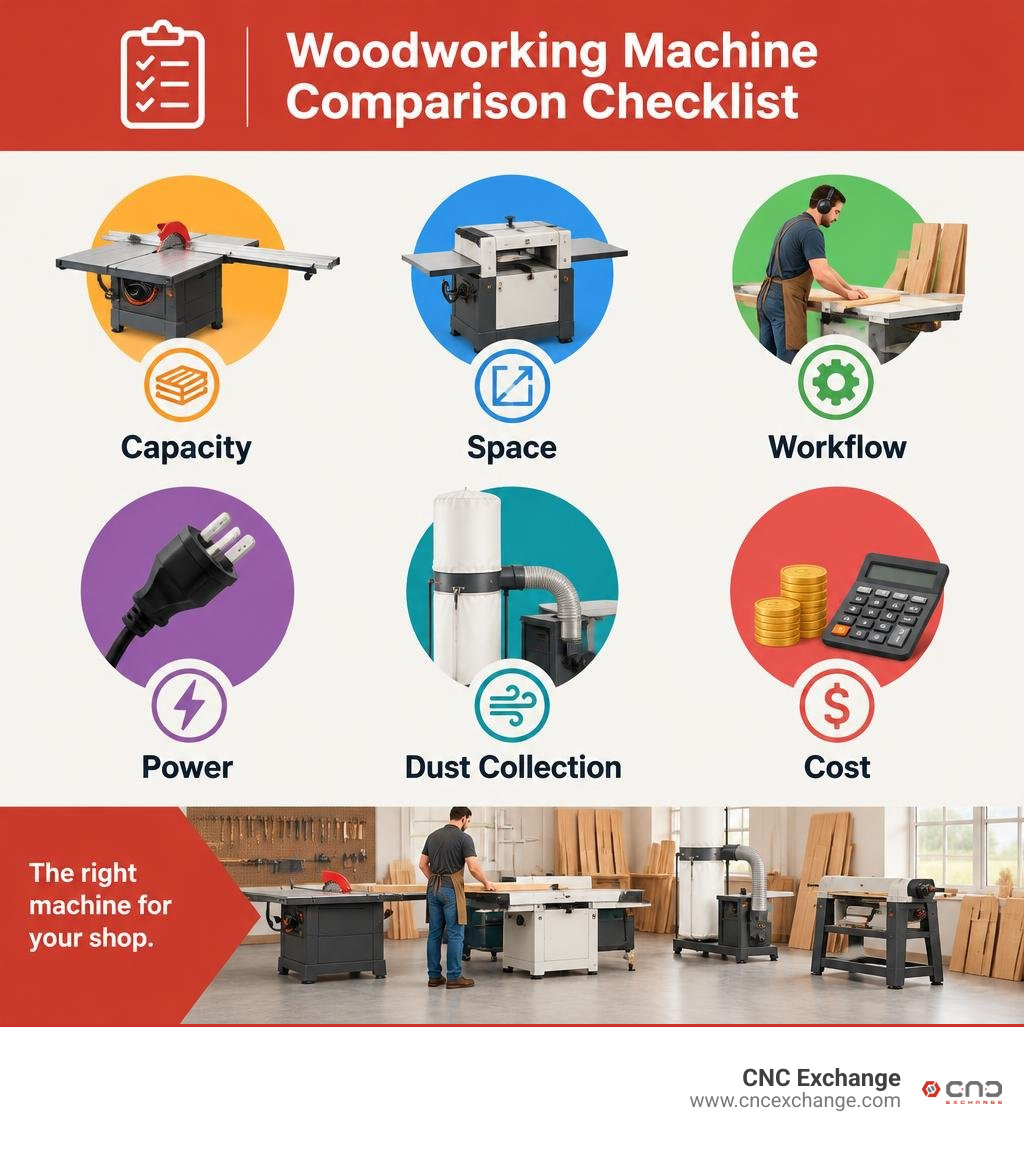 Woodworking machine comparison checklist: capacity, space, workflow, power, dust collection, and cost infographic Woodworking machine comparison checklist: capacity, space, workflow, power, dust collection, and cost infographic