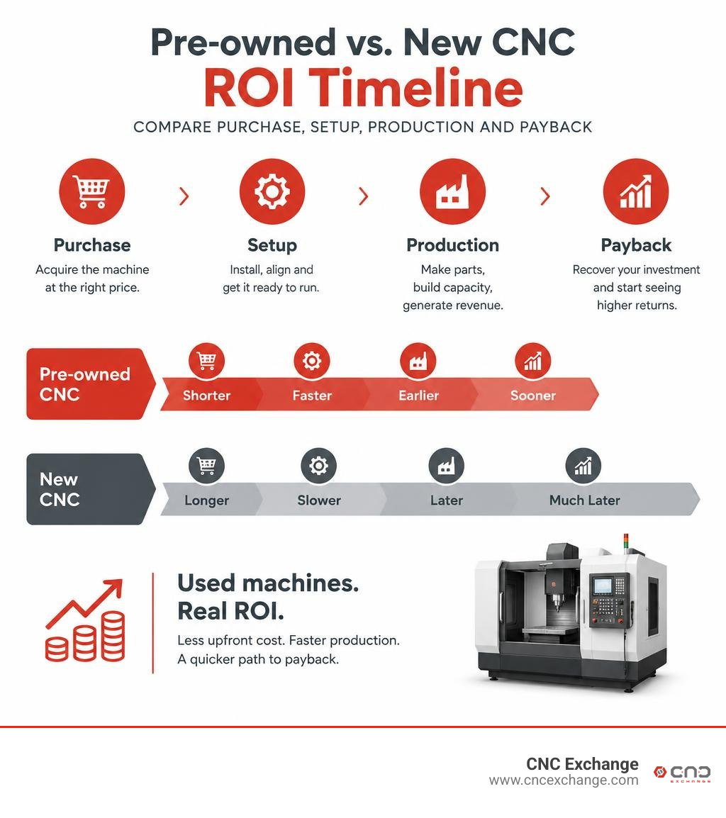 Pre-owned versus new CNC ROI timeline comparing purchase, setup, production, and payback infographic Pre-owned versus new CNC ROI timeline comparing purchase, setup, production, and payback infographic
